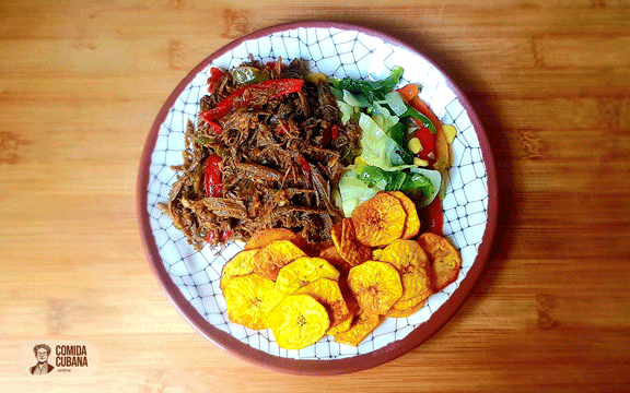 Plato de ropa vieja servido, carne deshebrada en salsa con textura jugosa y aspecto casero